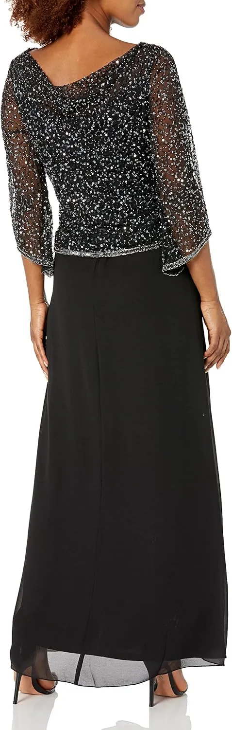 J Kara Women's Cowl Neck 3/4 Sleeves Sequined Beaded Popover Dress