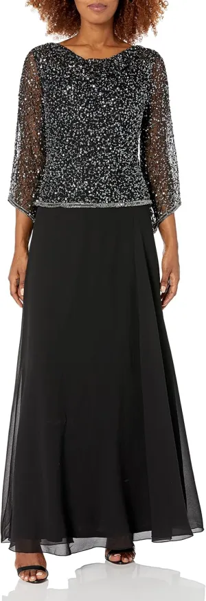 J Kara Women's Cowl Neck 3/4 Sleeves Sequined Beaded Popover Dress