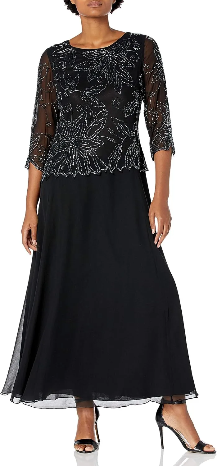 J Kara Women's Floral Beaded Long Dress