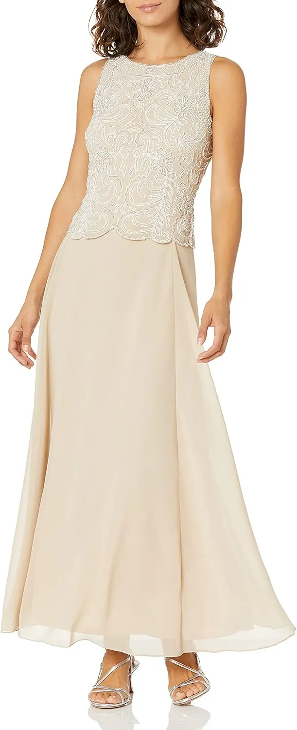 J Kara Women's Floral Beaded Sleeveless Long Dress with Scarf