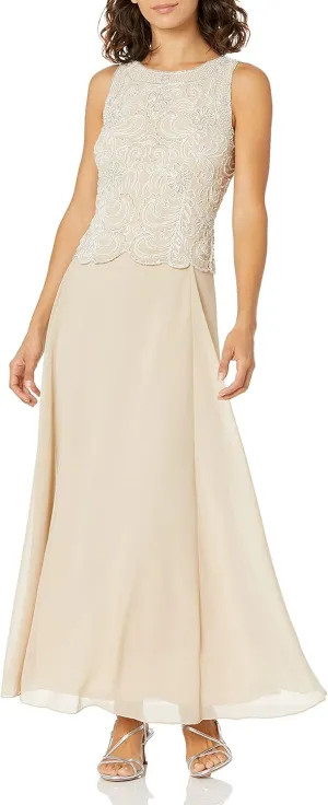 J Kara Women's Floral Beaded Sleeveless Long Dress with Scarf