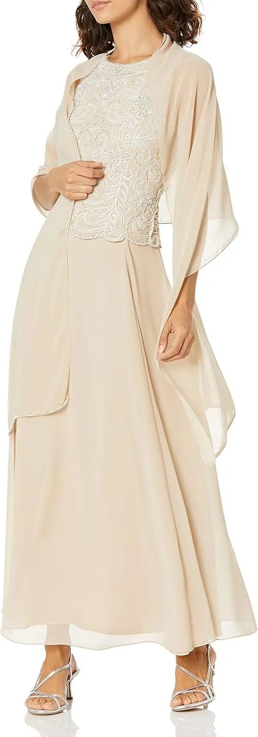 J Kara Women's Floral Beaded Sleeveless Long Dress with Scarf