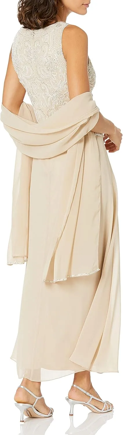 J Kara Women's Floral Beaded Sleeveless Long Dress with Scarf