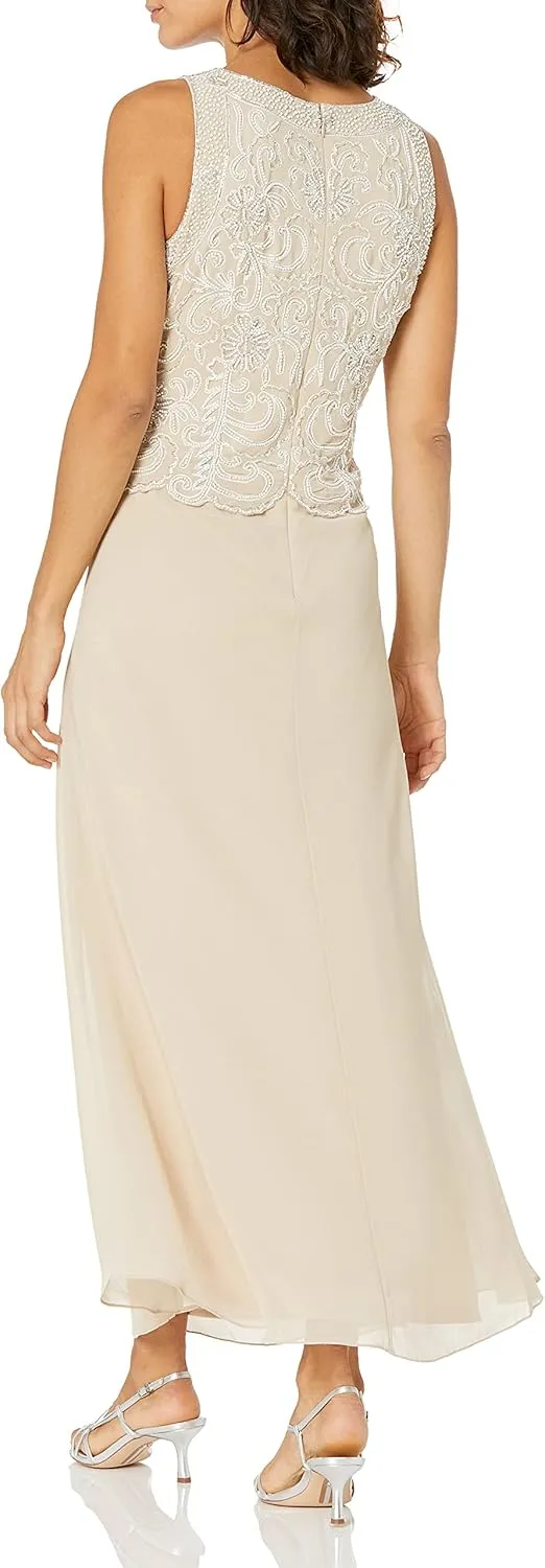 J Kara Women's Floral Beaded Sleeveless Long Dress with Scarf