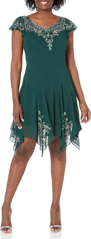 J Kara Women's Flutter Sleeve Hanky Hem Cocktail Beaded Dress