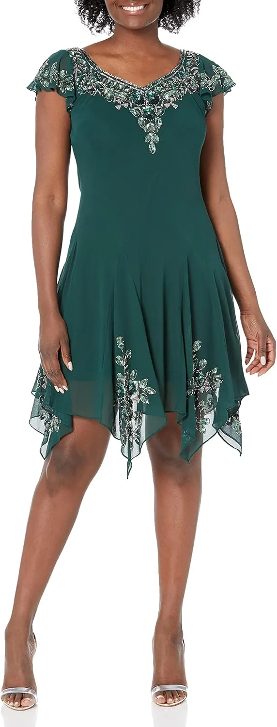 J Kara Women's Flutter Sleeve Hanky Hem Cocktail Beaded Dress
