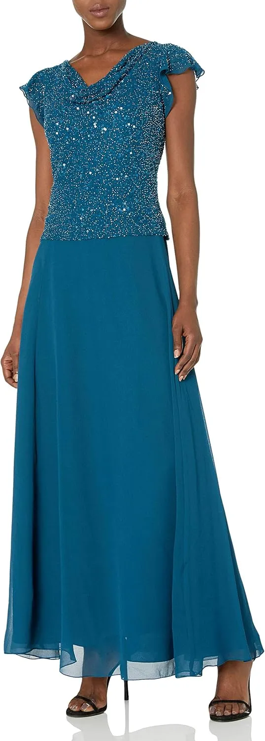 J Kara Women's Long Beaded Cowl Neck Flutter Sleeve Gown Dress, Teal/Multi, 16