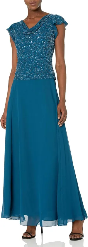 J Kara Women's Long Beaded Cowl Neck Flutter Sleeve Gown Dress, Teal/Multi, 16