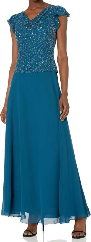 J Kara Women's One Size Long Beaded Cowl Neck Flutter Sleeve Gown Dress
