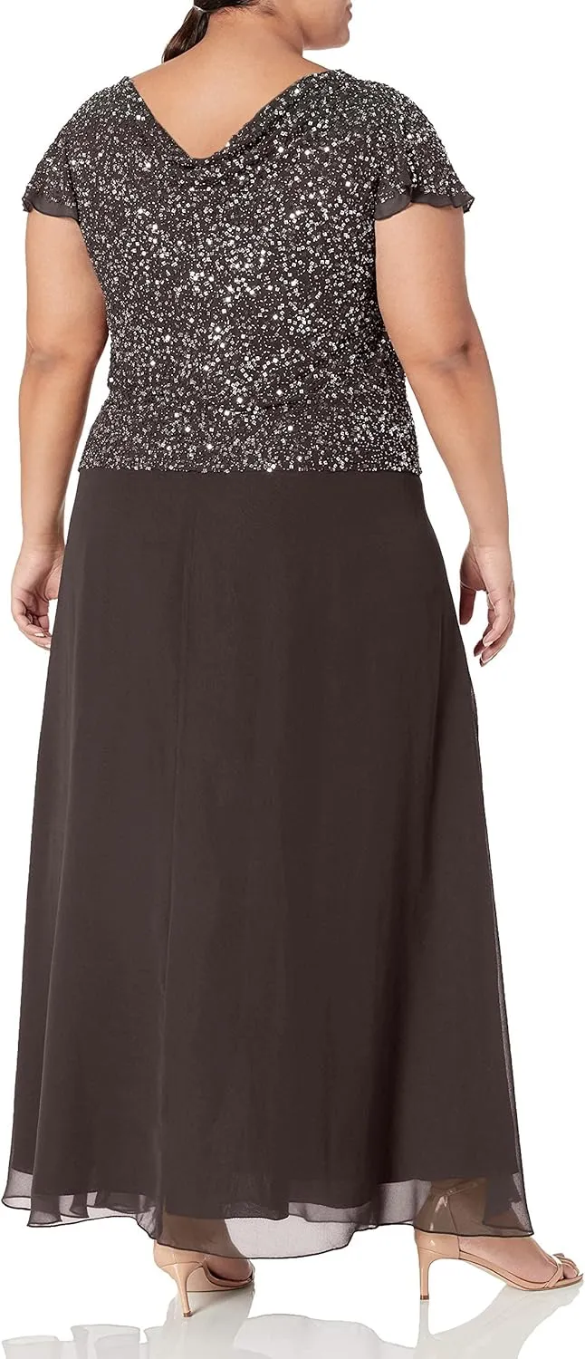 J Kara Women's One Size Long Beaded Cowl Neck Flutter Sleeve Gown Dress