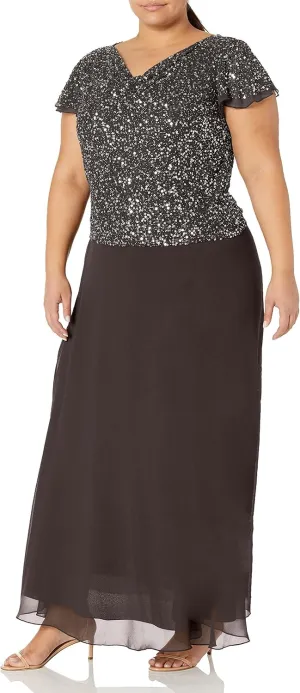 J Kara Women's One Size Long Beaded Cowl Neck Flutter Sleeve Gown Dress