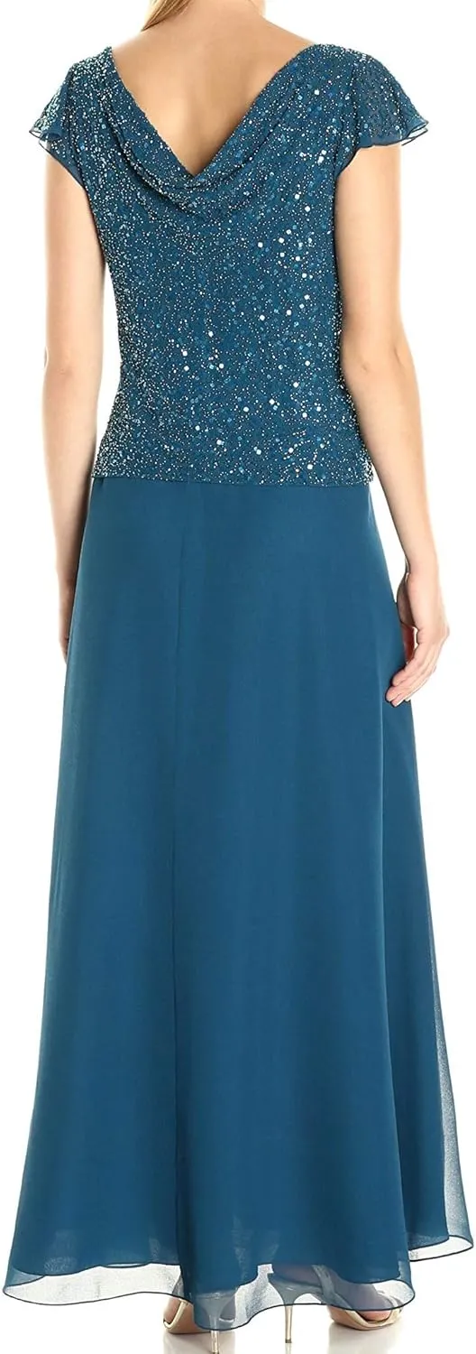J Kara Women's One Size Long Beaded Cowl Neck Flutter Sleeve Gown Dress