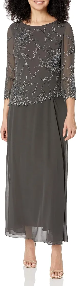 J Kara Women's Petite 3/4 Sleeve Beaded Floral Asymmetrical Dress