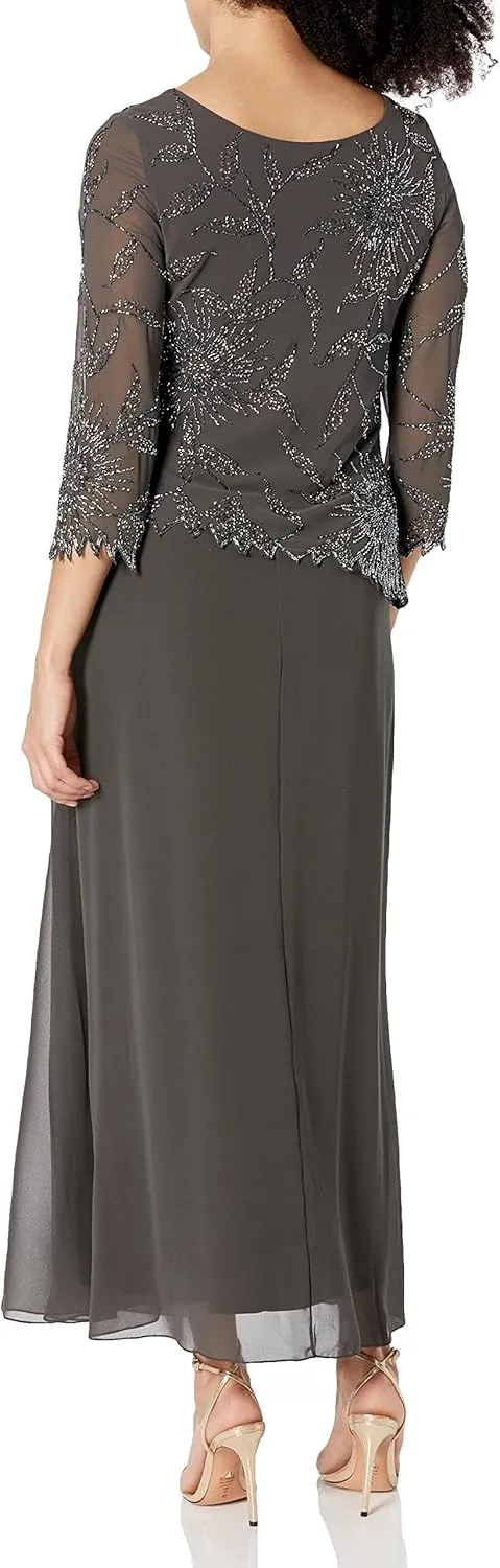 J Kara Women's Petite 3/4 Sleeve Beaded Floral Asymmetrical Dress