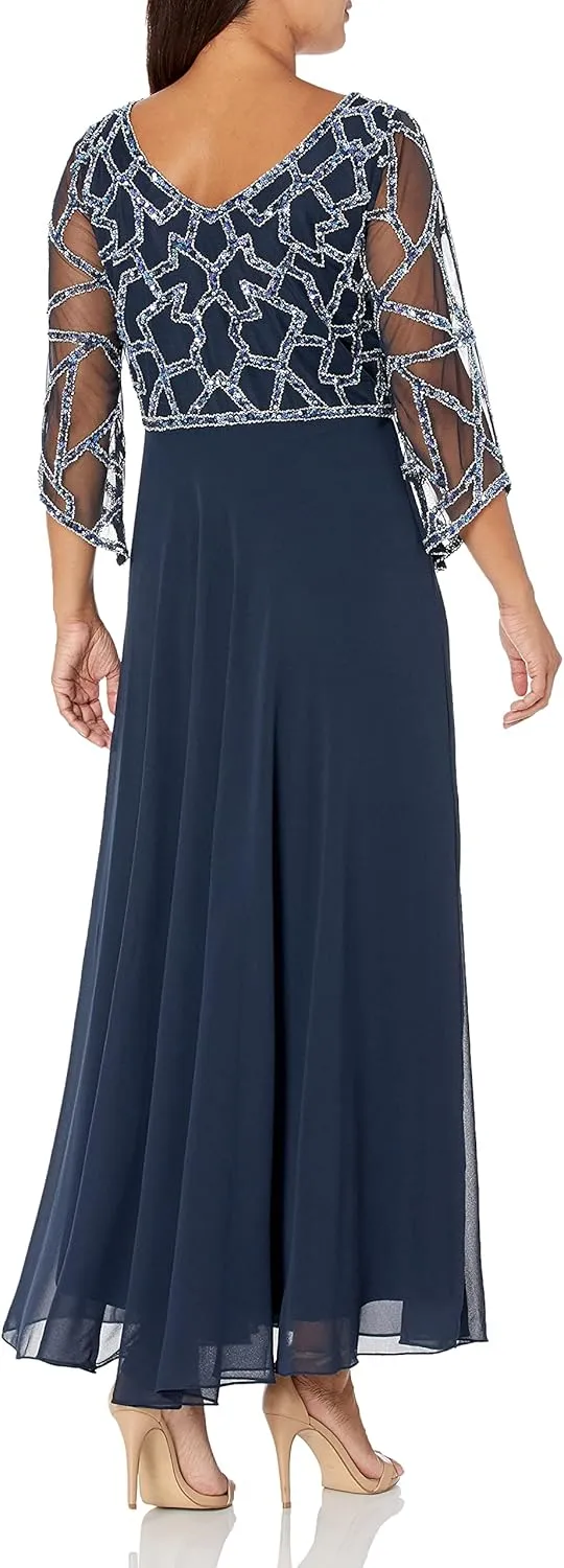 J Kara Women's Petite 3/4 Sleeve Geo Beaded Gown