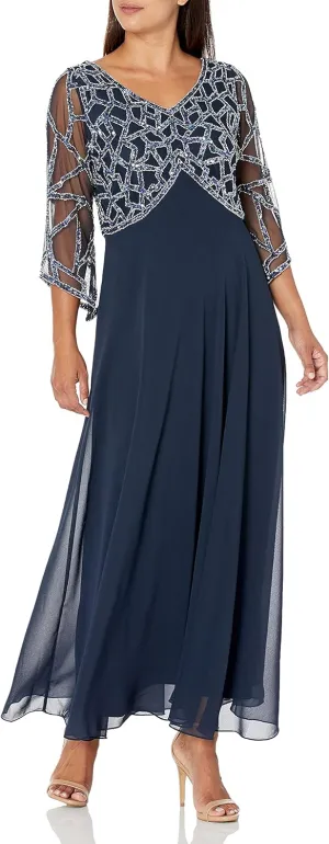 J Kara Women's Petite 3/4 Sleeve Geo Beaded Gown