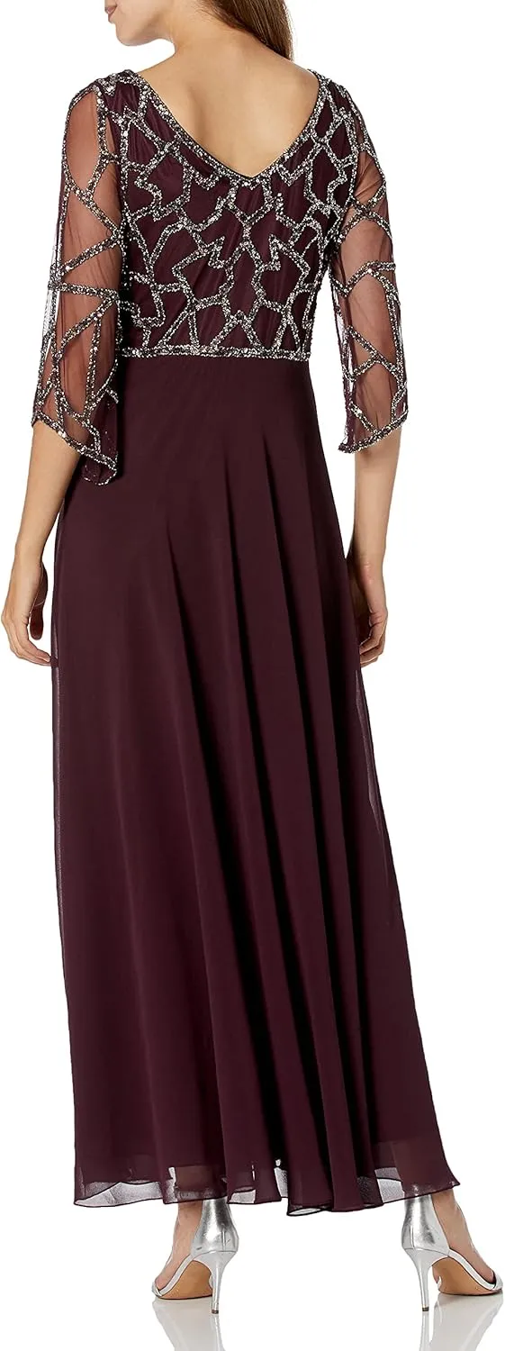 J Kara Women's Petite 3/4 Sleeve Geo Beaded Gown