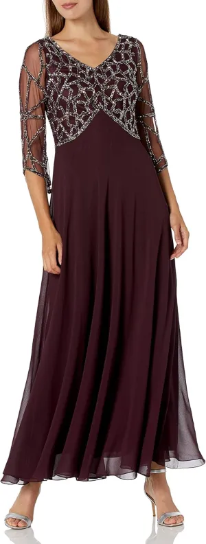 J Kara Women's Petite 3/4 Sleeve Geo Beaded Gown