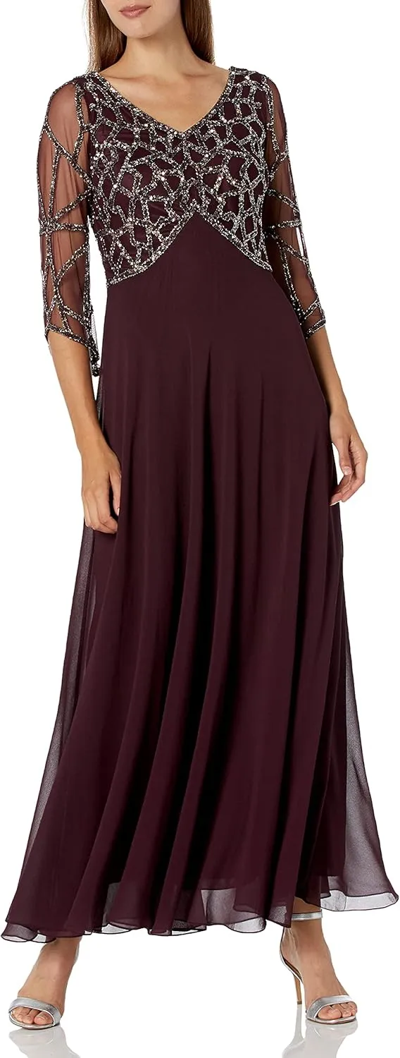 J Kara Women's Petite 3/4 Sleeve Geo Beaded Gown