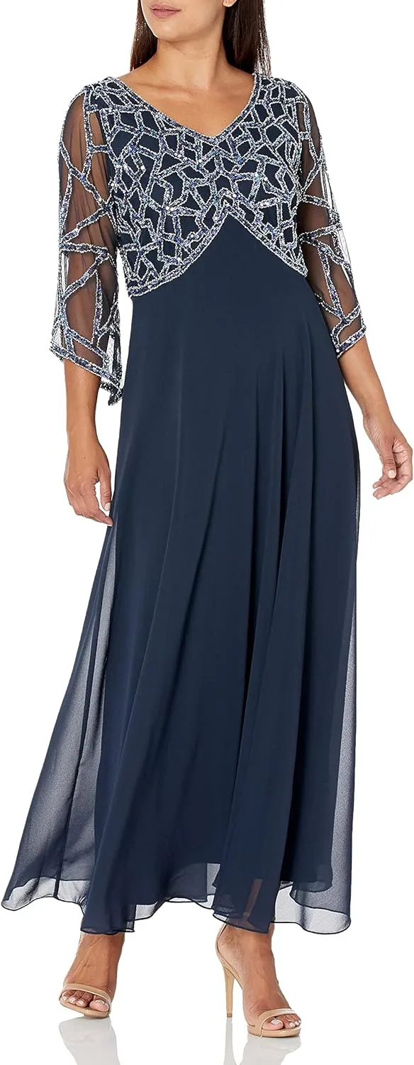 J Kara Women's Petite 3/4 Sleeve Geo Beaded Gown