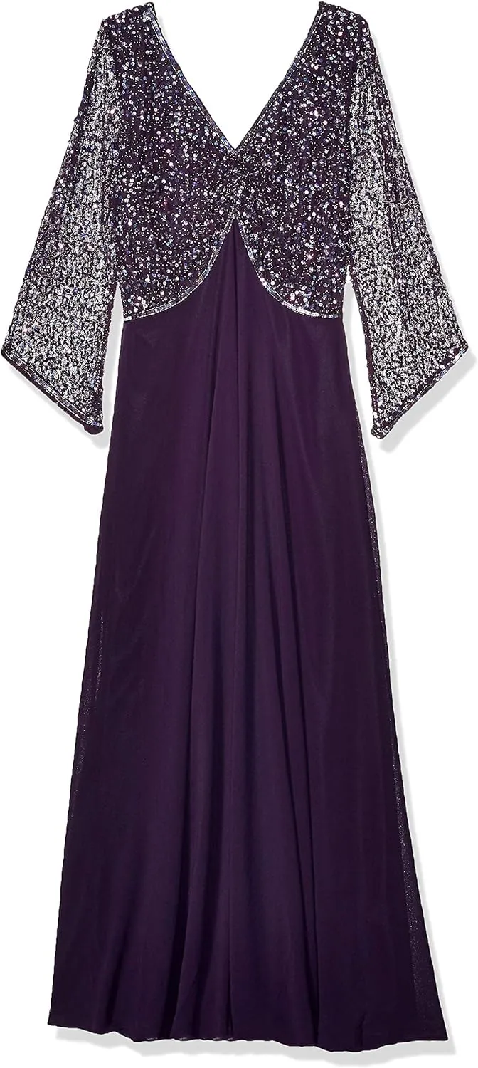 J Kara Women's Petite 3/4 Sleeve V-Neck Beaded Top Long Gown