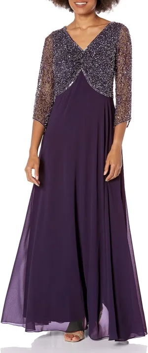 J Kara Women's Petite 3/4 Sleeve V-Neck Beaded Top Long Gown