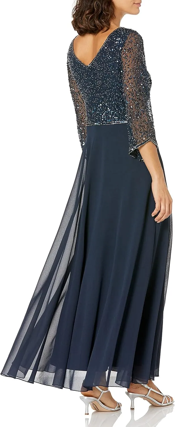 J Kara Women's Petite 3/4 Sleeve V-Neck Beaded Top Long Gown