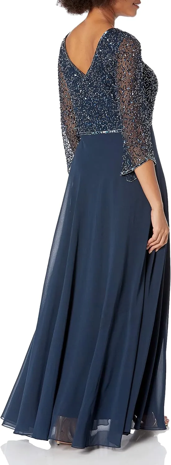 J Kara Women's Petite 3/4 Sleeve V-Neck Beaded Top Long Gown