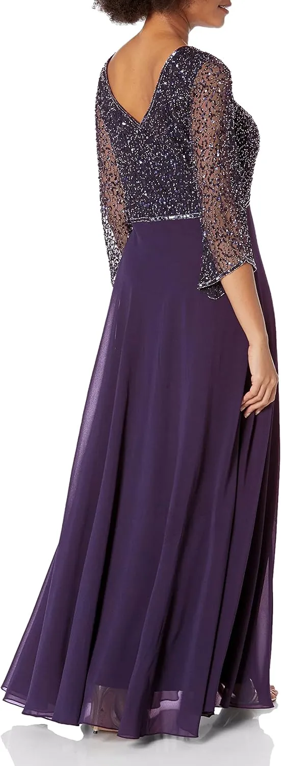 J Kara Women's Petite 3/4 Sleeve V-Neck Beaded Top Long Gown