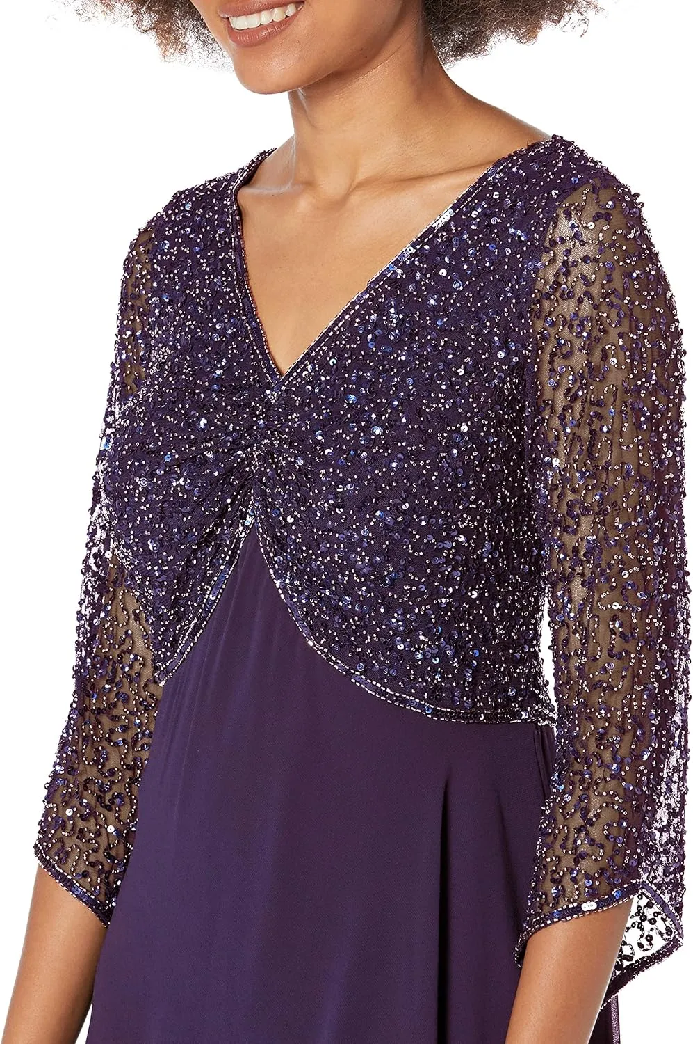 J Kara Women's Petite 3/4 Sleeve V-Neck Beaded Top Long Gown