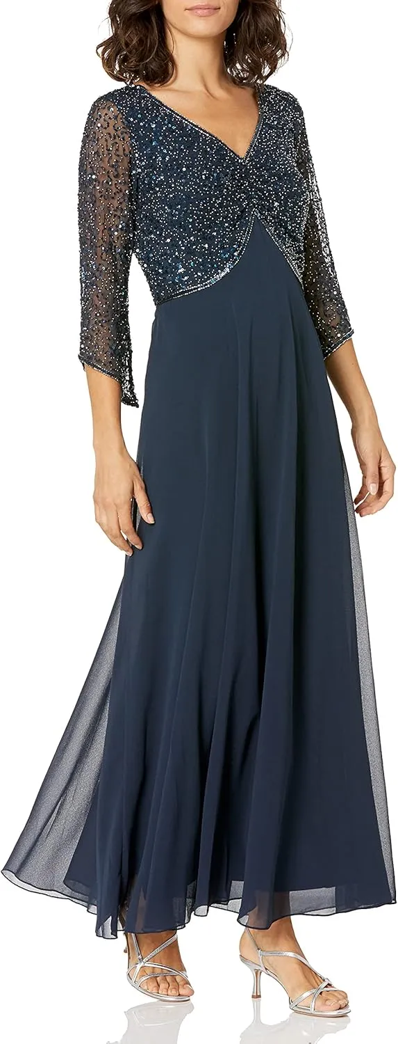 J Kara Women's Petite 3/4 Sleeve V-Neck Beaded Top Long Gown