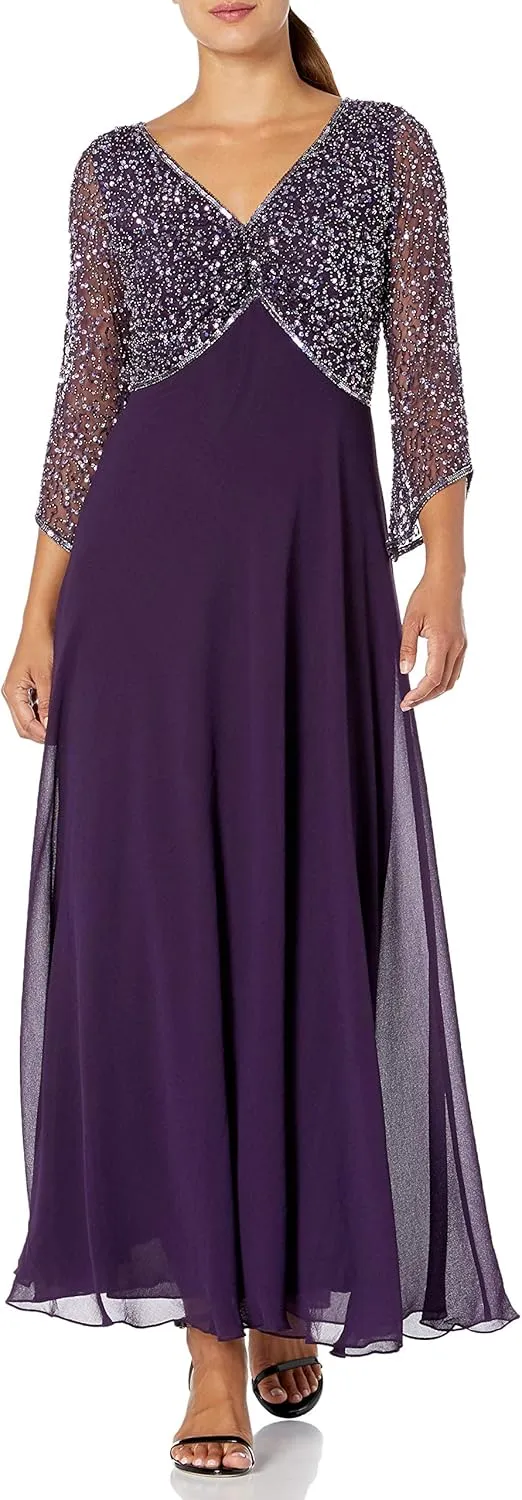 J Kara Women's Petite 3/4 Sleeve V-Neck Beaded Top Long Gown