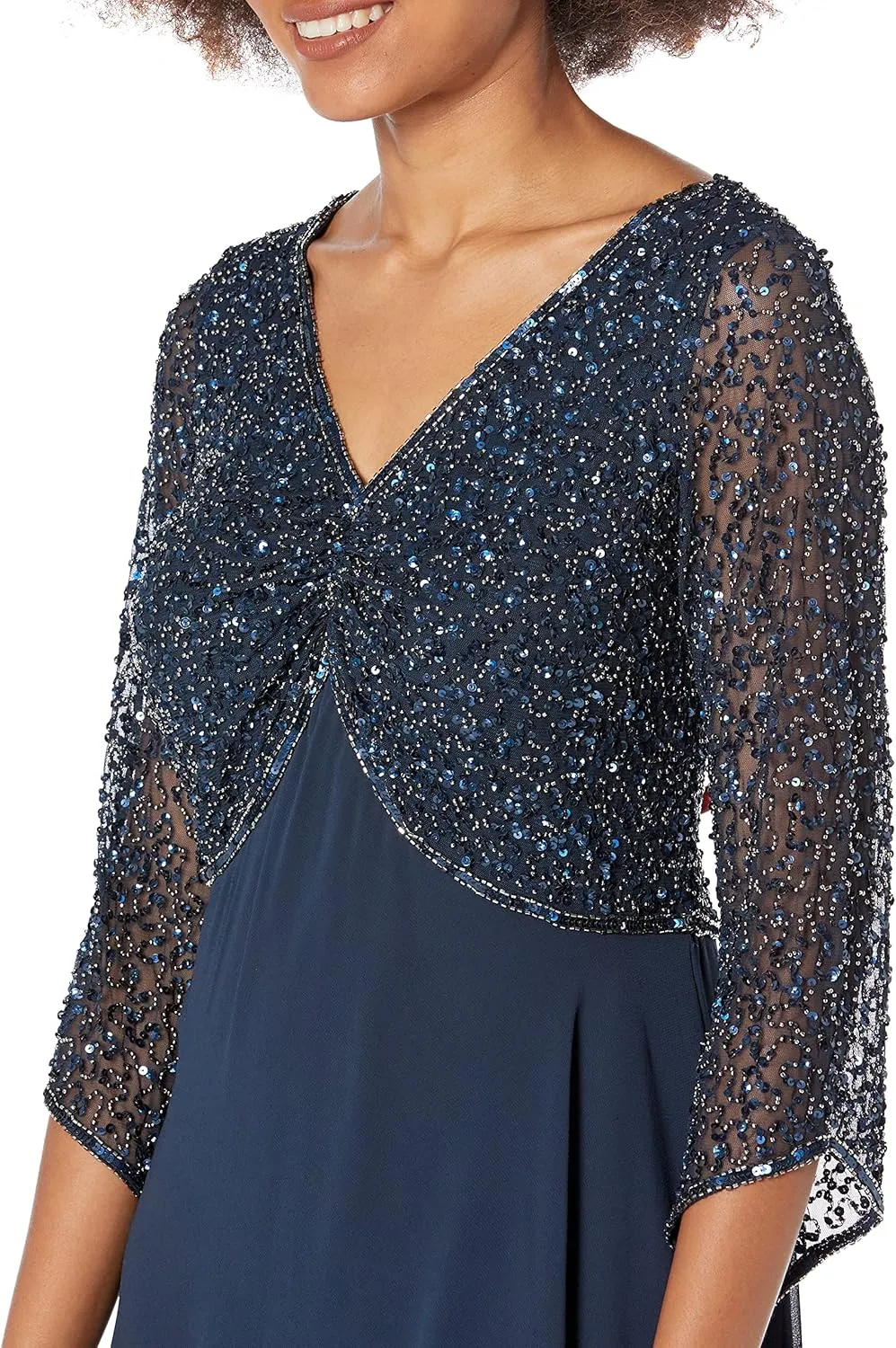 J Kara Women's Petite 3/4 Sleeve V-Neck Beaded Top Long Gown