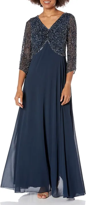 J Kara Women's Petite 3/4 Sleeve V-Neck Beaded Top Long Gown