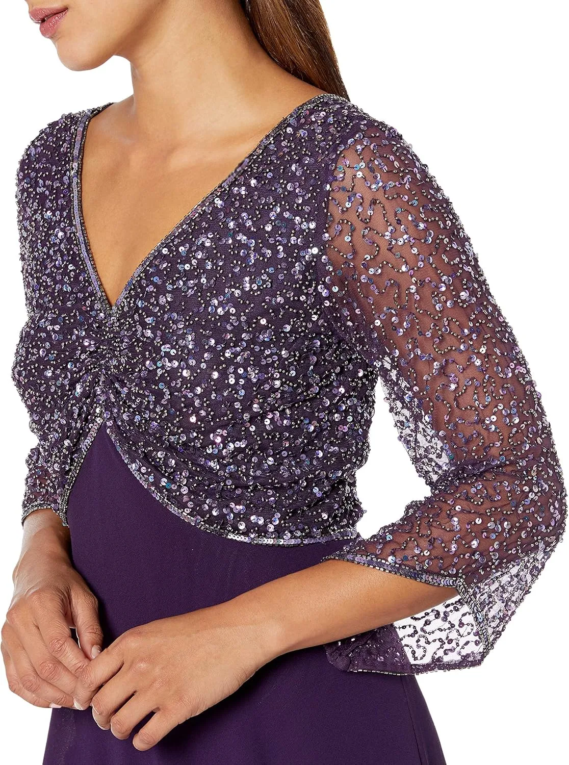 J Kara Women's Petite 3/4 Sleeve V-Neck Beaded Top Long Gown