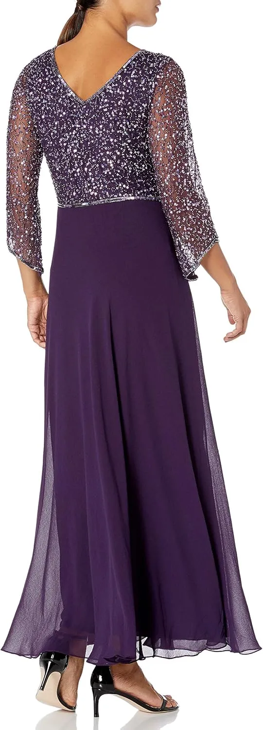 J Kara Women's Petite 3/4 Sleeve V-Neck Beaded Top Long Gown