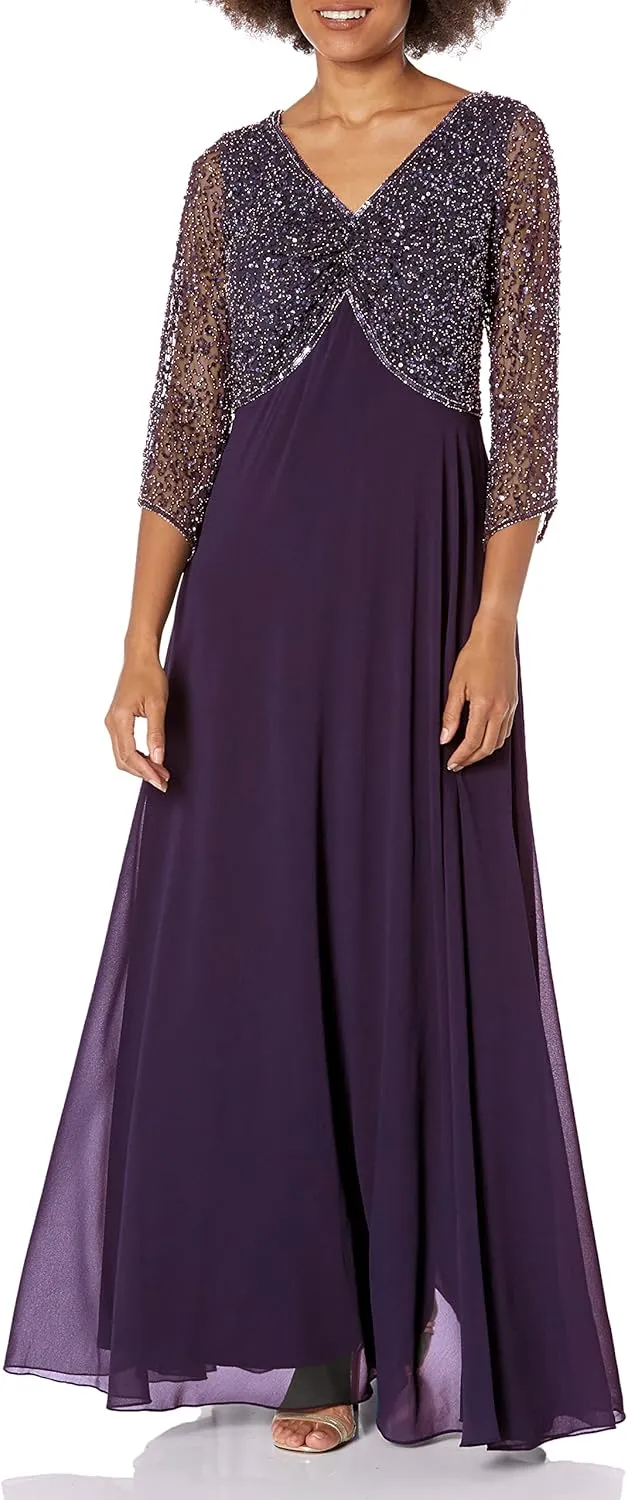 J Kara Women's Petite 3/4 Sleeve V-Neck Beaded Top Long Gown
