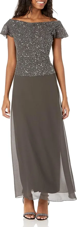 J Kara Women's Petite Beaded Cowl Neck Flutter Sleeve Long Gown