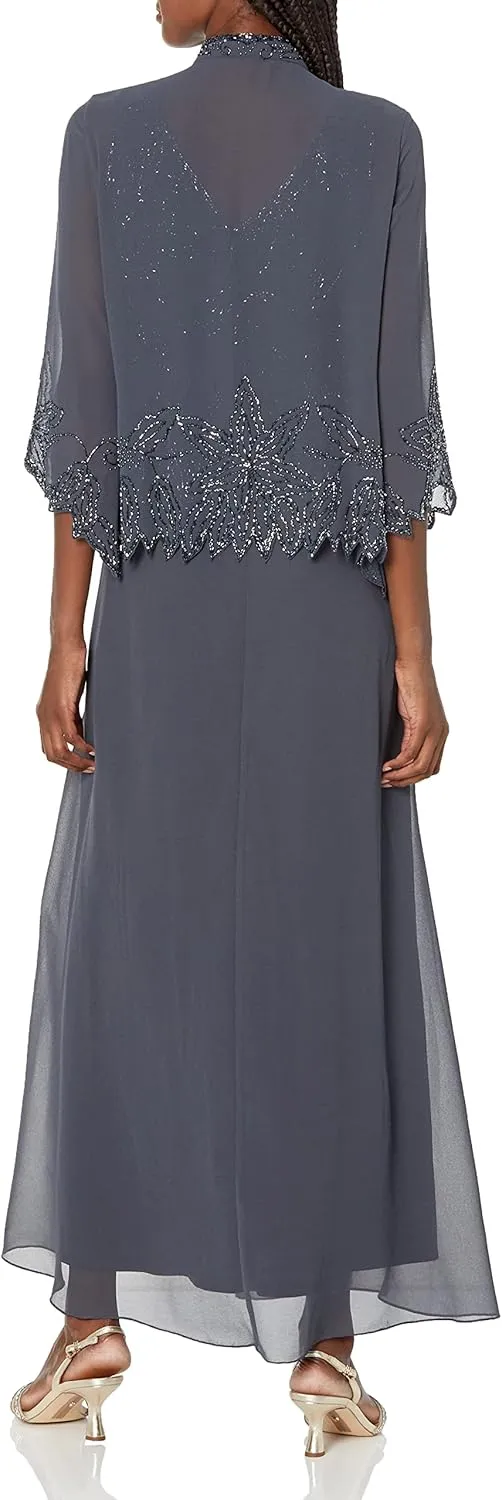 J Kara Women's Petite Beaded Long Jacket Dress Two Piece
