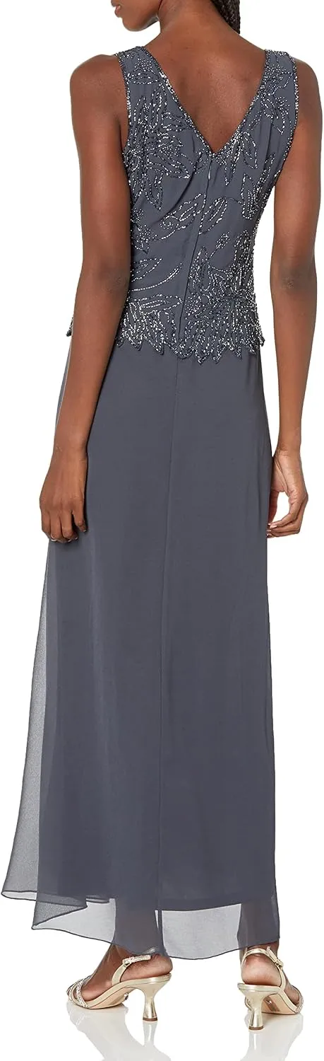 J Kara Women's Petite Beaded Long Jacket Dress Two Piece
