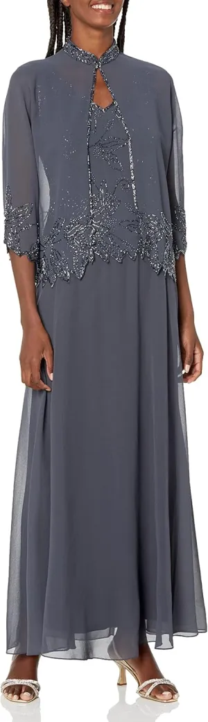 J Kara Women's Petite Beaded Long Jacket Dress Two Piece