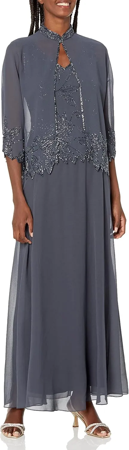 J Kara Women's Petite Beaded Long Jacket Dress Two Piece