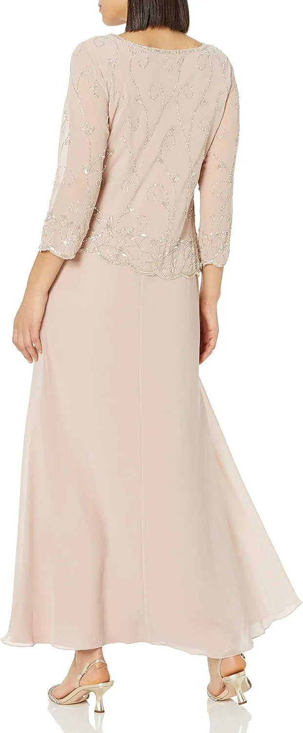 J Kara Women's Petite Beaded Scallop Bodice Asymmetrical Gown