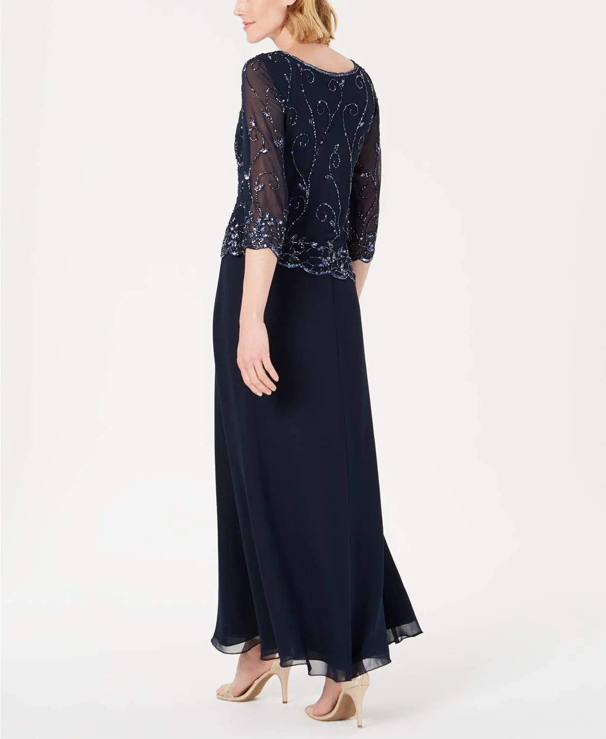 J Kara Women's Petite Beaded Scallop Bodice Asymmetrical Gown