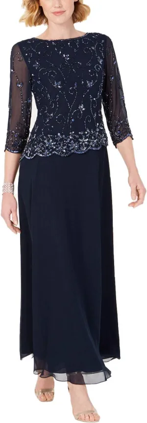 J Kara Women's Petite Beaded Scallop Bodice Asymmetrical Gown