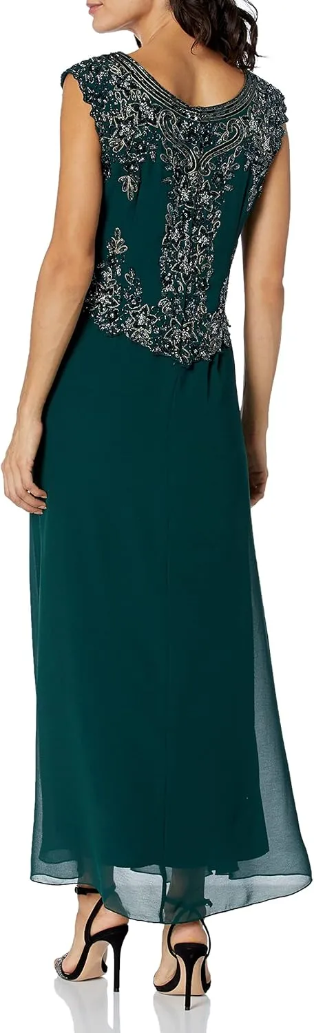 J Kara Women's Petite Cap Sleeve Beaded Top Long Dress