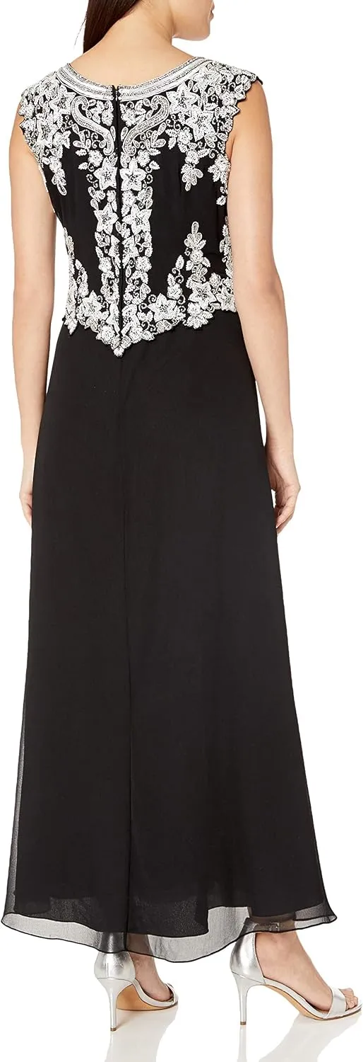 J Kara Women's Petite Cap Sleeve Beaded Top Long Dress