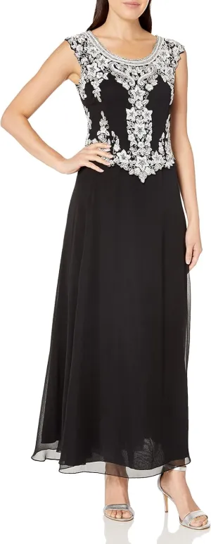 J Kara Women's Petite Cap Sleeve Beaded Top Long Dress