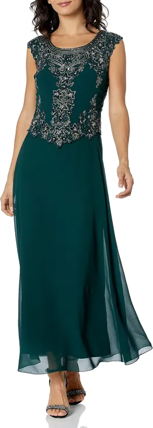 J Kara Women's Petite Cap Sleeve Beaded Top Long Dress