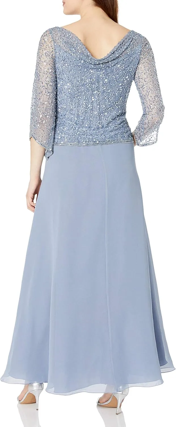 J Kara Women's Petite Cowl Neck 3/4 Sleeves Beaded Dress